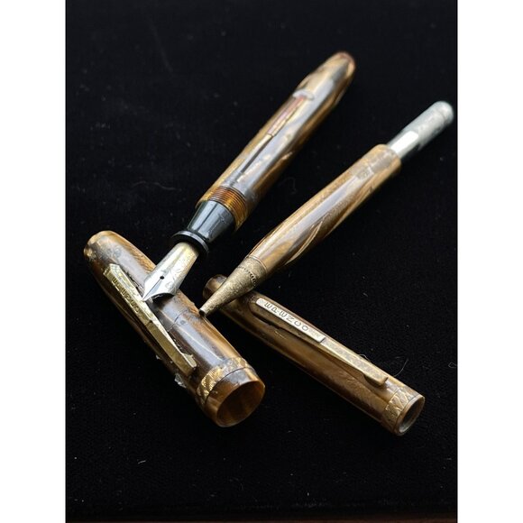 Vintage Epenco NEW YORK Fountain Pen & Pencil Set Striated Gold Brown Made In US - Picture 3 of 6